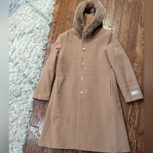 Cecil G Wool & Cashmere coat, mother of pearl buttons & fox fur, vintage Sz 14 - Picture 14 of 17